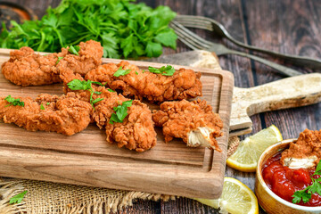 
 Crispy  deep fried   chicken strips and wedges potato. Breaded  with cornflakes chicken  breast fillets  with chilly peppers and fresh   basil on wooden rustic background