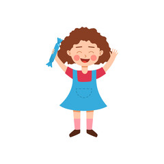 Happy girl smiles and holds candy, flat vector illustration isolated on white background.