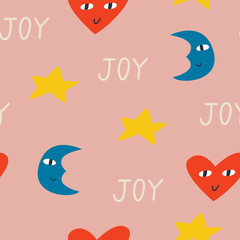 Cute hand drawn pattern with hearts, stars and moons and lettering joy. Funny and funky faces. Vector seamless background