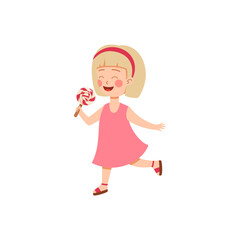 Cute child holds, eats tasty lollipop in flat vector illustration isolated