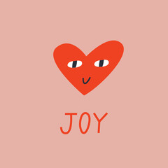 Cute hand drawn vector illustration of heart with face and lettering joy