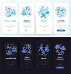 Mental wellbeing onboarding mobile app page screen. Practice meditation walkthrough 4 steps graphic instructions with concepts. UI, UX, GUI vector template with linear night and day mode illustrations