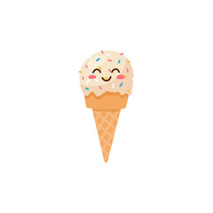 Lovely kawaii face ice cream flat vector illustration isolated on white.