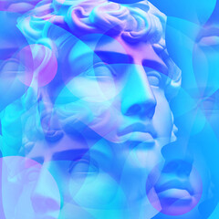 Collage with plaster antique sculpture of human face in a pop art style. Creative concept image with ancient statue head in pastel colors. Zine culture. Contemporary art style poster. Apollo bust.