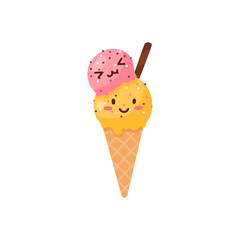 Ice cream scoops in waffle cone with cute faces, flat vector illustration isolated on white background.