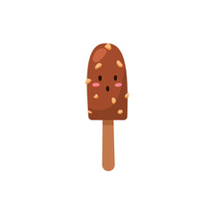 Cute chocolate ice cream on stick with surprised face, flat vector illustration isolated on white background.