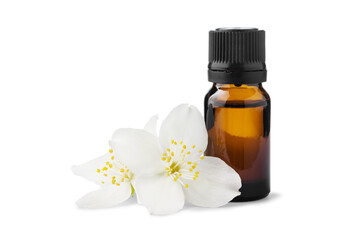 Brown glass bottle with essential oil and jasmine flowers isolated on white background. Essence liquid for skin care or alternative medicine.