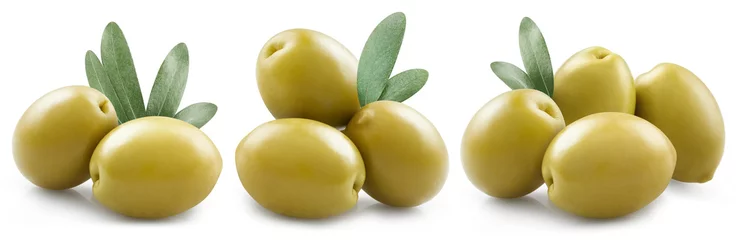 Foto op Canvas Collection of delicious green olives with leaves, isolated on white background © Yeti Studio