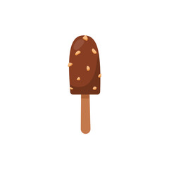 Chocolate ice cream on wooden stick with nut pieces, flat vector illustration isolated on white background.