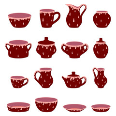 Set is ceramic dishes. Set is ceramic dishes of chocolate color. Pot, vase, plate, mug, kettle, sugar bowl, cups, milk jug. Flat style, cartoon. Isolated over white background.