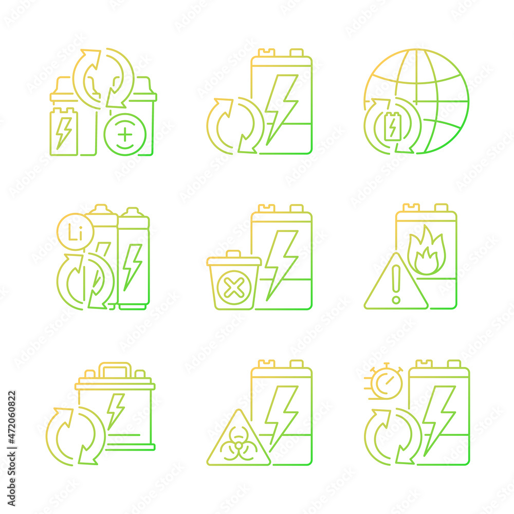 Poster battery reuse gradient linear vector icons set. recyclable electronic waste. accumulator recycling. 