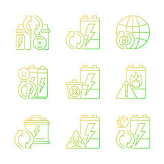 Battery reuse gradient linear vector icons set. Recyclable electronic waste. Accumulator recycling. Correct disposal. Thin line contour symbols bundle. Isolated outline illustrations collection