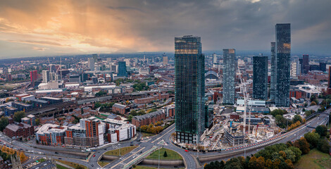 Naklejka premium Aerial view of Manchester city in UK on a beautiful sunny day.