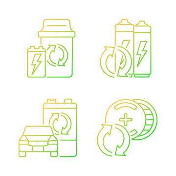 Recyclable battery types gradient linear vector icons set. Lithium-ion battery recycling. Car accumulator reuse. Thin line contour symbols bundle. Isolated outline illustrations collection