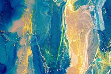 Abstract bright shiny color fluid background, hand drawn alcohol painting with golden streaks, liquid ink technique texture for backdrop design
