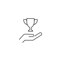 Giving and present concept. High quality editable strokes in flat style. Suitable for advertisig, web sites, online shopes, stores etc. Line icon of winner cup over hand
