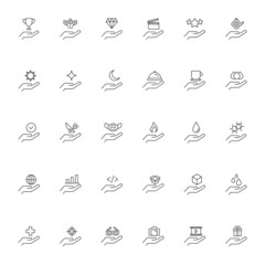 Giving and present concept. Collection of modern outline symbols for web sites, advertisment, internet shops, stores etc. Line icons of various items on outstretched hand