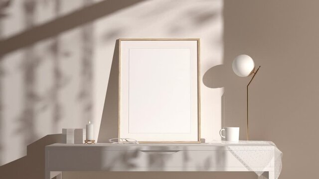 Blank wood a4 frame mockup interior background, looped motion, 3d rendering. Empty cycled vertical painting placard mock up. Clear desk border with canvas panel template.