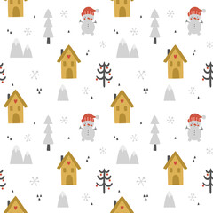 vector seamless pattern with cute winter houses