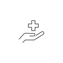 Obraz premium Giving and present concept. High quality editable strokes in flat style. Suitable for advertisig, web sites, online shopes, stores etc. Line icon of medical cross over hand