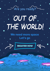 Card of blue planet, space, galaxy, flat design cartoon on dark blue background with stars and planet. Doodle vector by hand drawing. Designed for invitation card, document, poster, print etc.