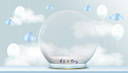 Vector for baby boy shower card on blue sky background,Cute Paper art abstract origami cloudscape on blue sky and magic glass ball 3D with copy space for baby's photos