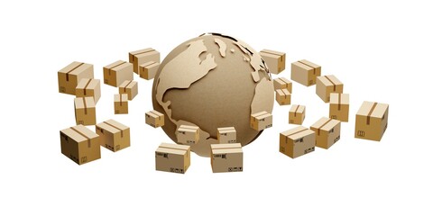 Cardboard boxes or parcels surrounding paper globe isolated on white background, international transportation, freight or cargo shipping business concept