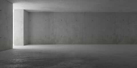 Abstract large, empty, modern concrete room with indirect lighting from left side opening and rough floor - industrial interior background template