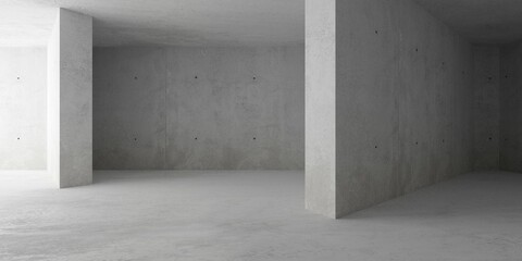 Abstract empty, modern concrete room with indirect lighting from left, tilted divider walls and rough floor - industrial interior background template