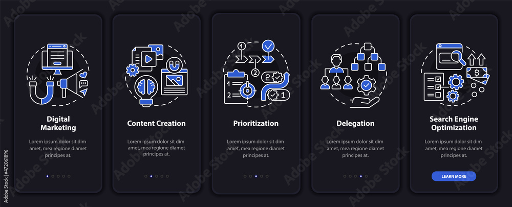 Poster online business skills onboarding mobile app page screen. content creation walkthrough 5 steps graph