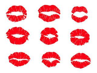 Red female glossy lips collection of various emotions. Different shapes of female red lips. lips makeup,