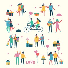Fototapeta na wymiar Illustration with happy cartoon couples of people. Happy friends, parents, lovers on date, hugging, dancing, couples with kids. Vector illustration isolated
