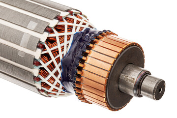 Rotor or of anchor electric motor closeup, isolated on white background