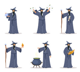 Cartoon wizard. Magician old characters with beard wear long robes and pointed hats. ystery fantasy witchcraft, magic Merlin spells