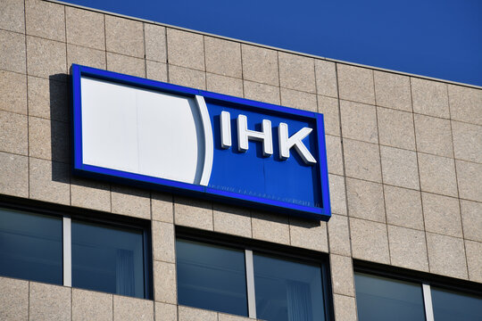 Dusseldorf, North Rhine-Westphalia, Germany - September 8, 2021: IHK logo in Dusseldorf, Germany - IHK is the Association of German Chambers of Industry and Commerce