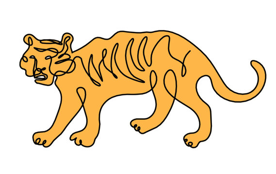 Silhouette of abstract color tiger as line drawing on white