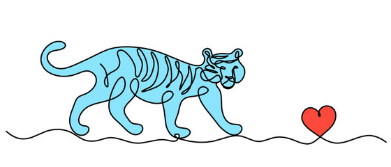 Silhouette of abstract color tiger with heart as line drawing on white