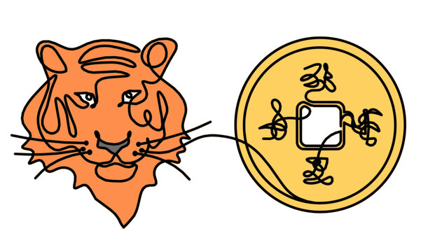 Silhouette of abstract tiger with chinese coin and abstract hieroglyphs as line drawing on white