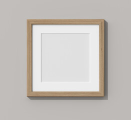 Wooden frame on grey wall. 3D render wooden frame mock up. Empty interior. 3D illustrations. 3D design interior. Template for business. Passe partout frame. Shadow on the wall. Place for your text.	
