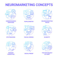 Commercial neuroscience concept icons set. Marketing psychological tools. Consumer emotions research. Customer behavior tracking idea thin line color illustrations. Vector isolated outline drawings