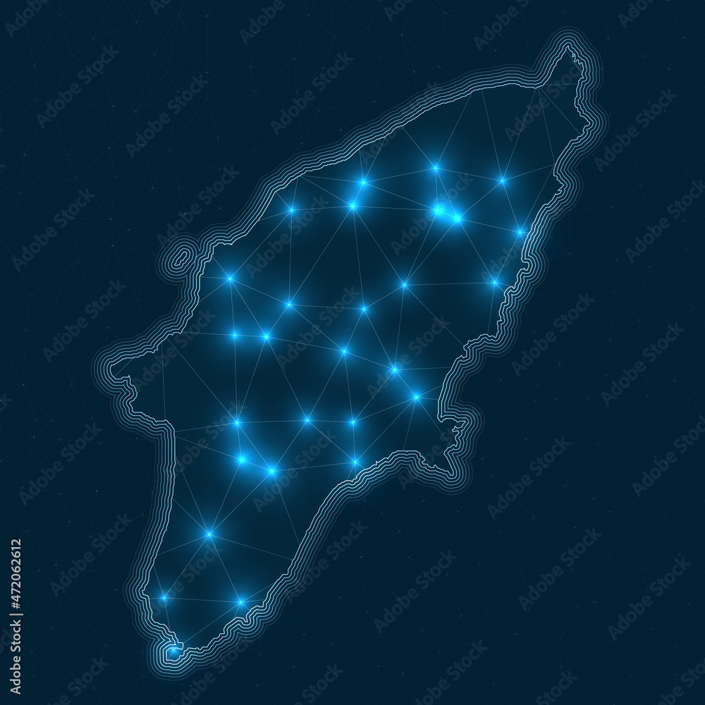 Poster rhodes network map. abstract geometric map of the island. digital connections and telecommunication 