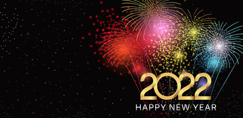 Fototapeta na wymiar happy new year 2022 golden color with colorful fireworks isolated black background