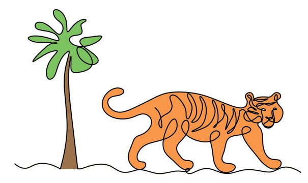 Silhouette of abstract tiger with tree as line drawing on white. Vector