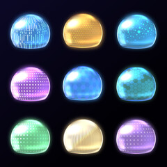 Force shield bubbles, various energy glow spheres. Protect field, futuristic energy force safety bubbles. Transparent plasma surface, 3d security protection recent vector set.