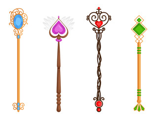 Magic Wands with Fairy Dust and Glow Swirling Around Vector Set. Various wizards of magic wand vector illustration flat design