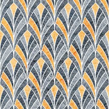 Seamless embroidered wavy pattern. Seigaiha ornament in patchwork style. Vector illustration.