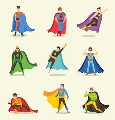 Vector illustrations in flat design of set of business , eco and classic Superheroes