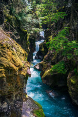 Clear turqoise water cascades over red rock waterfalls on Avalanche Creek in Glacier National Park...