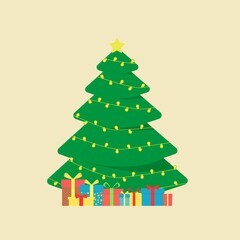 Christmas tree decorated with golden garlands. Christmas tree. gifts under the tree.