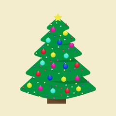 Christmas tree decorated with golden garlands and New Year's toys. Christmas tree.